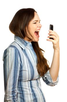 An angry and very frustrated young business woman yelling at her phone. Isolated over white.
