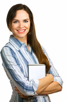 A portrait of a beautiful confident business woman smiling and holding a note pad and pen. Isolated over white.