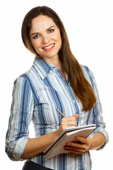 Isolated portrait of a fresh young beautiful business woman smiling and writing notes