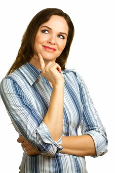 Isolated portrait of a young beautiful business woman smiling and looking at copy space