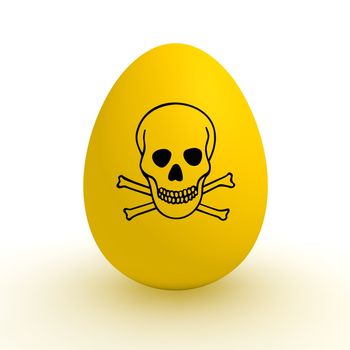 a single yellow egg with a black poison warning sign on it - polluted food