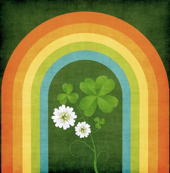 Grunge background with four leaves clover and rainbow