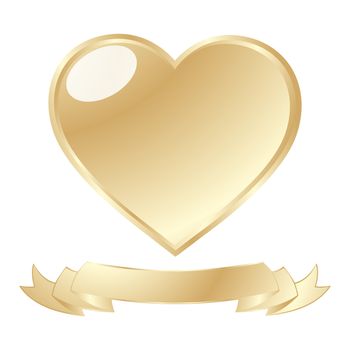 A golden shiny heart and scroll against white background