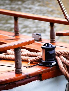 Old wooden boat exterior at harbor, no person