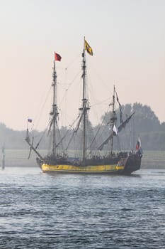 MAASSLUIS-OCTOBER 02: The replica of the Russian frigate Shtandart leaving harbor of Maassluis on a journey to Dordrecht after visiting Furiade , October 02, 2011, Maassluis, the Netherlands