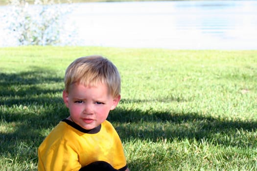 Little boy sitting in the green grass