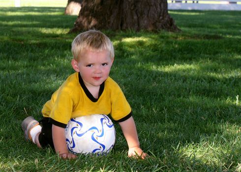 Little boy plaing with a soccer ball in the grass