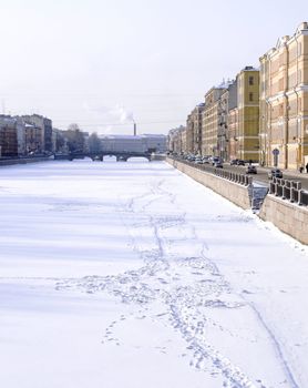 Fontanka embankment near the Obukhovsky bridge in Saint Petersburg, Russia.