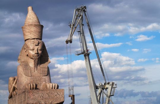 One of two counter-facing Egyptian Sphinxes on the Schmidt's Embankment in Saint Petersburg, Russia. These ancient sphinxes are about 3200 years old and were found in 1820 in Thebes, Egypt. Then they were sold by the French government to Russia for 64 000 roubles and brought to Saint Petersburg.