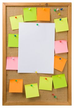 Sticky notes and sheet of paper attached to a noticeboard