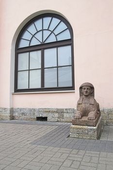 An Egyptian Sphinx at a backyard entrance of Stroganoff's Palace, an old-time building, in Saint Petersburg, Russia.