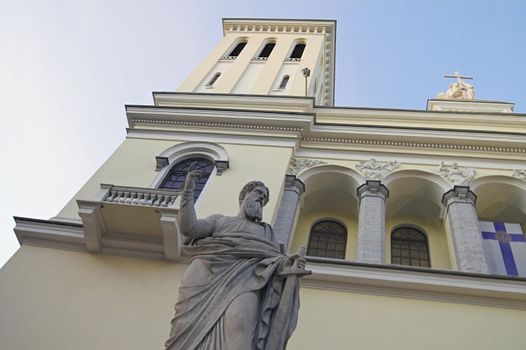 Saint Peter's Sculpture at the front of the German Evangelic Lutheran Church in Saint Petersburg, Russia.