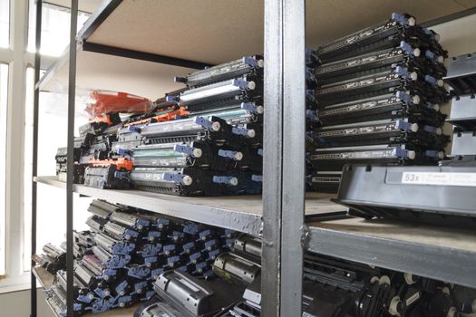 many laser cartridges on the shelves