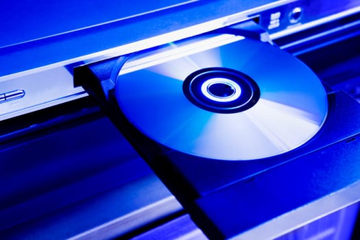 DVD disc on the tray of a dvd-player