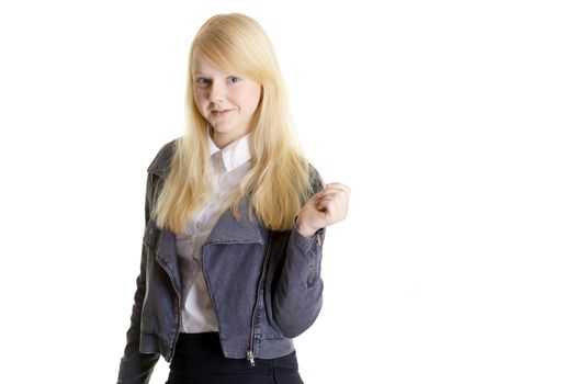 Young playful blonde on a white background