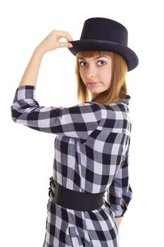 A young woman with a black hat on his head