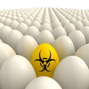 plenty of shiny eggshell white eggs and one yellow egg with a biohazard sign in the center