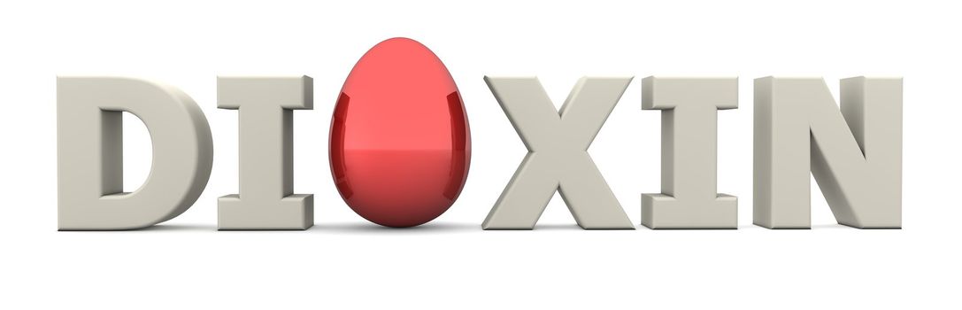 eggshell white word DIOXON with a glossy red egg replacing letter O