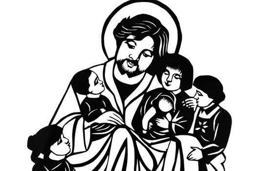 Jesus with children in black-and-white