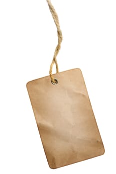 Blank grungy wrinkled tag hanging over white background