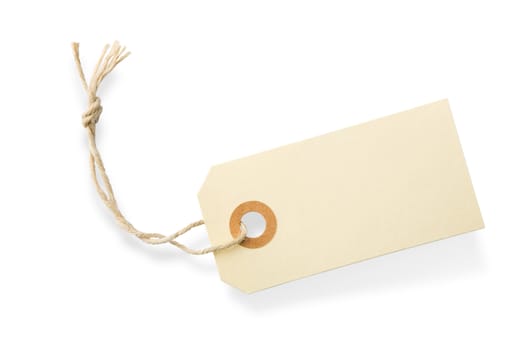 Blank paper tag with cotton string isolated on white background with shadow