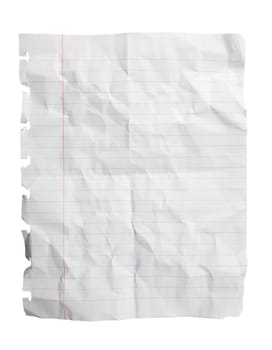 Single sheet of crushed notepad paper isolated on white with clipping path