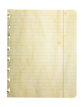 Single sheet of weathered notepad paper isolated on white with clipping path