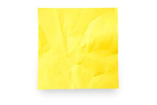 Yellow crushed sticky note isolated on white background with shadow