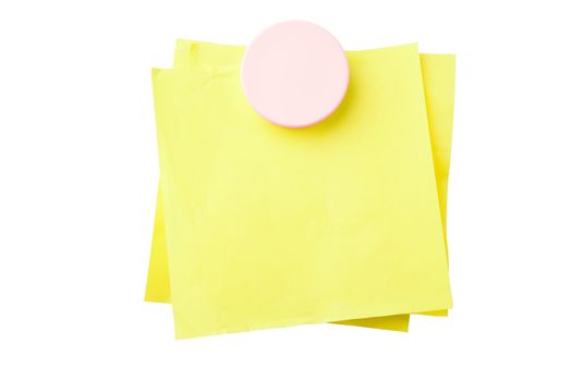 Yellow sticky notes attached with magnet isolated on white background with clipping path