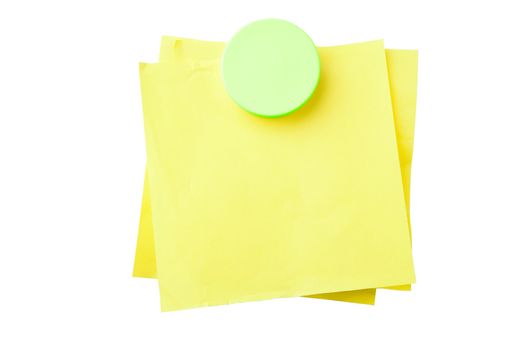 Yellow sticky notes attached with magnet isolated on white background with clipping path