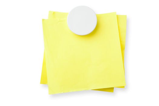 Yellow sticky notes attached with magnet isolated on white background with shadow