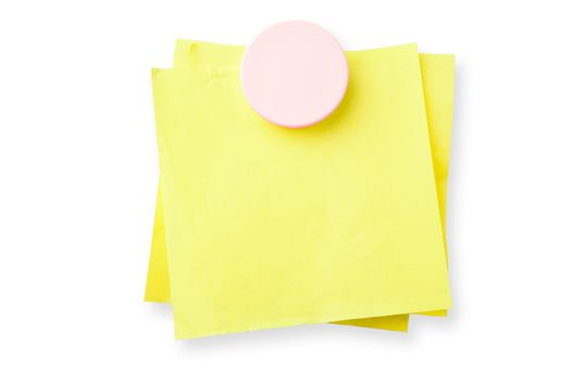 Yellow sticky notes attached with magnet isolated on white background with shadow