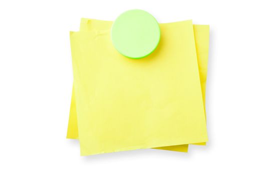 Yellow sticky notes attached with magnet isolated on white background with shadow