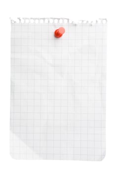 Single notepad sheet attached with pushpin isolated on white background with clipping path