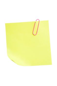 Yellow sticky note attached with paperclip isolated on white background with clipping path