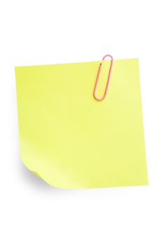 Yellow sticky note attached with paperclip isolated on white background with shadow