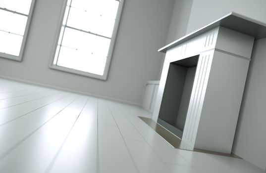 Empty white interior with focus on fireplace. 3D render.