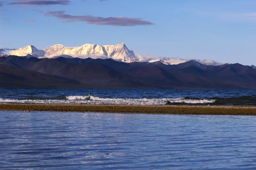 Landscape of blue lakes and snow mountains in Tibet