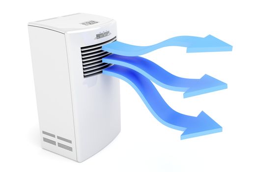 Air conditioner blowing cold air on white background