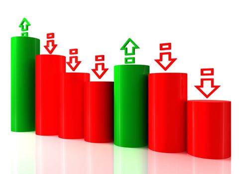 3D bar chart graph with arrows moving down on white bachgroung