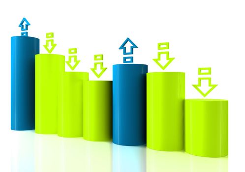 3D bar chart graph with arrows moving down on white bachgroung