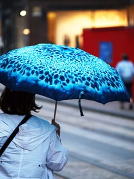 Woman holding an umbrella, at autumn, in city center
