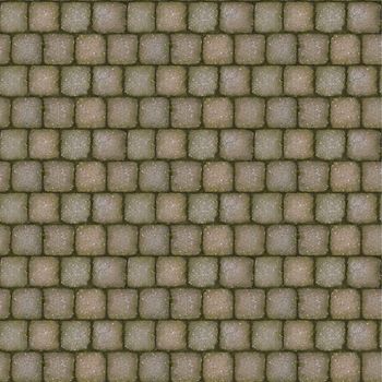 Tiling stone sidewalk texture with moss growing between bricks.