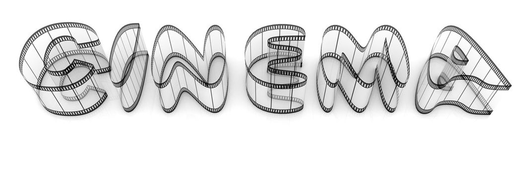 Word "cinema" from film strips over white background