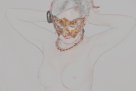 Topless woman model wearing a Venetian mask