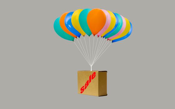 sale sign on the box and colorful balloon