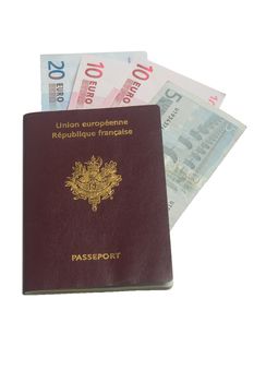 French passport with euros on a white background