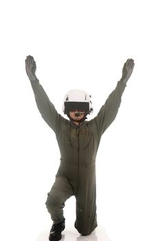 Military pilot with white helmet marshaling aircraft on a white background