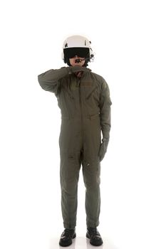 Military pilot with white helmet marshaling aircraft on a white background