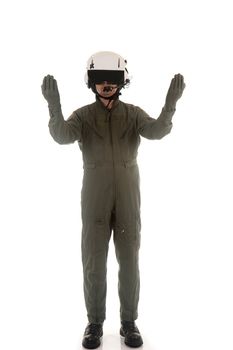 Military pilot with white helmet marshaling aircraft on a white background